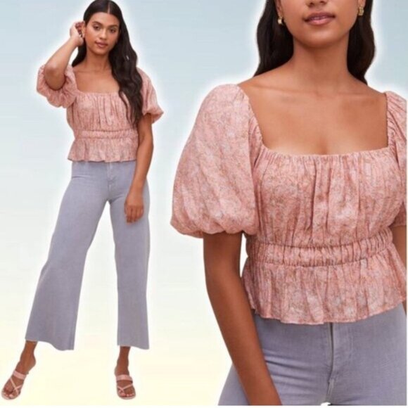 ASTR the Label Theron Botanical Puff Sleeve Smocked Top Size Small - Picture 2 of 13